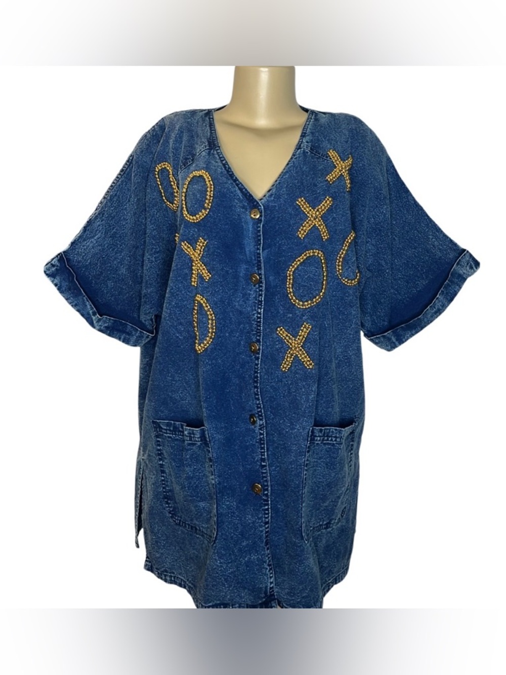 Vintage Club Z Acid Wash Denim Blouse w/ Gold Beaded X’s & O’s
